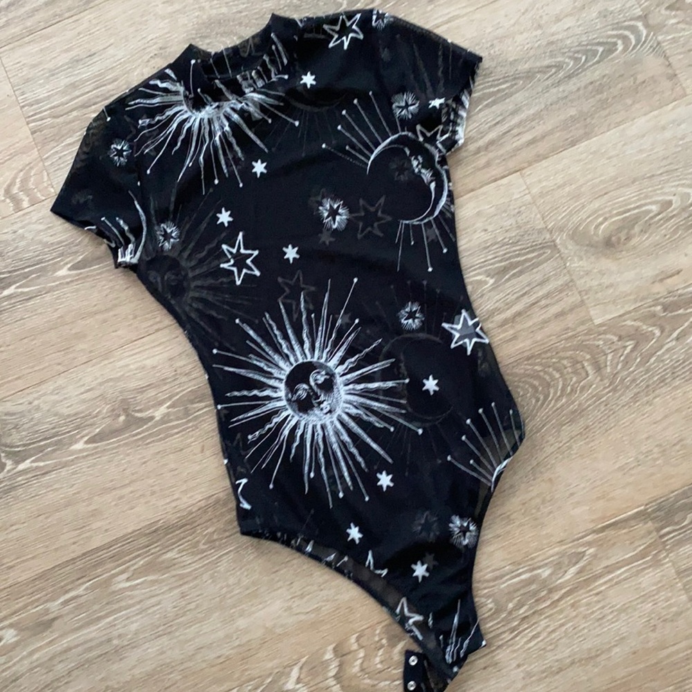 Celestial print mesh short sleeve mock neck bodysuit
